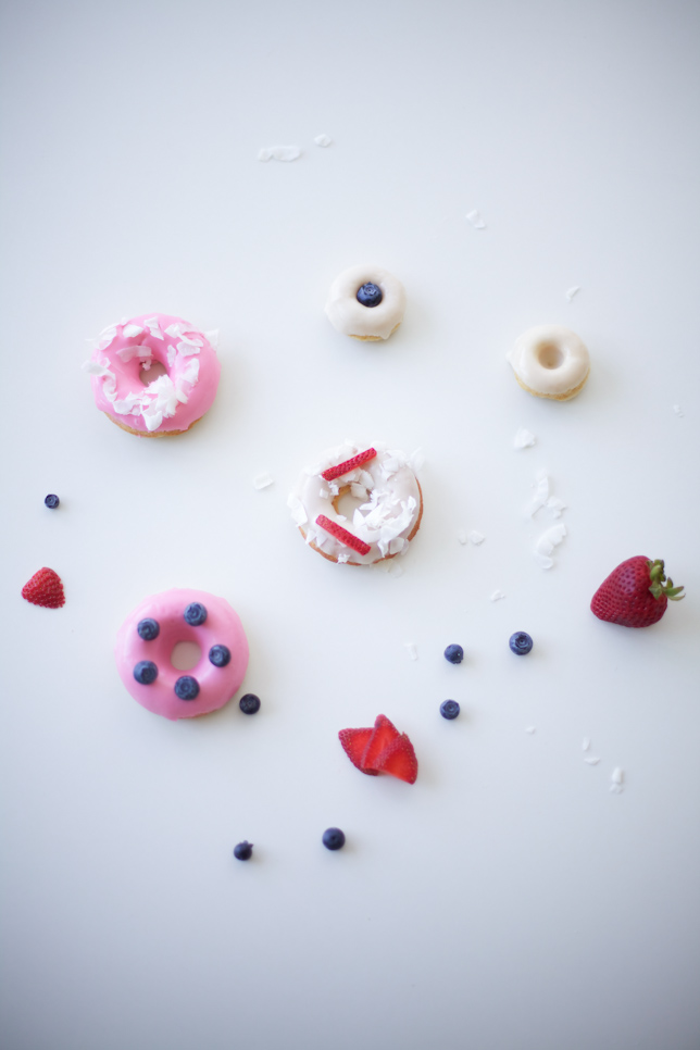 Fresh Doughnuts Decorated with Fruit and Coconut