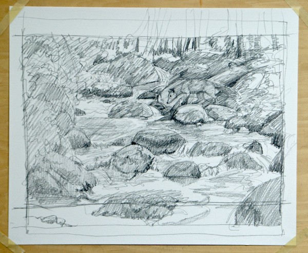 Sketch of a stream with a hidden fox