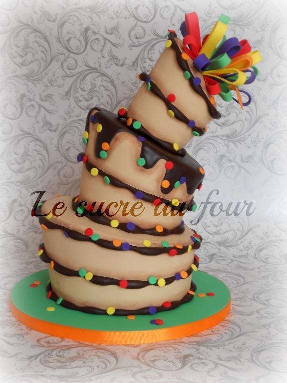 Rainbow Polka-dotted Topsy-Turvy Birthday Cake