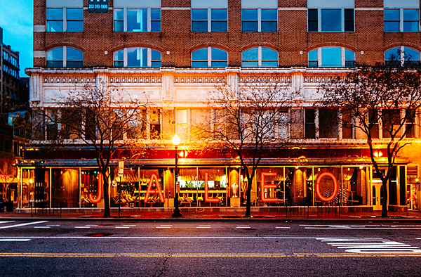 Sharpened image of a street at dusk