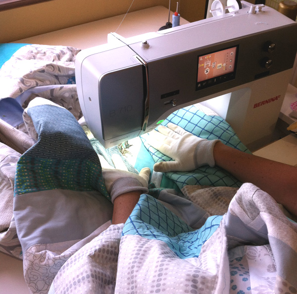 Quilting gloves and extra table space help with free-motion quilting