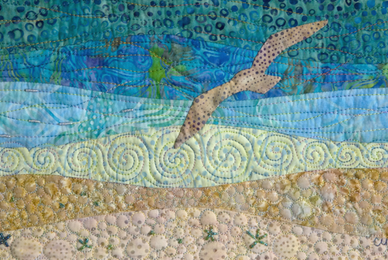 Landscape Quilt with Flying Seagull and Beaded Detail