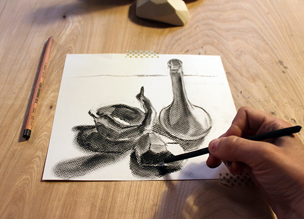 Drawing in vine charcoal shadow