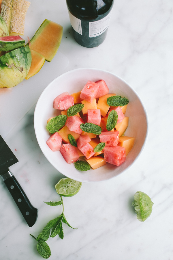Watermelon + cantaloupe + mint fruit salad recipe 
