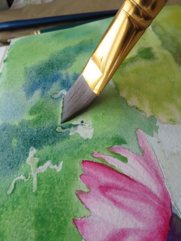 Greens and blues in watercolor lily painting