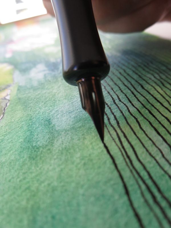 Drawing lines on watercolor in ink