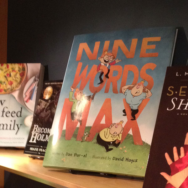 Picture book, Nine Words Max, on a shelf