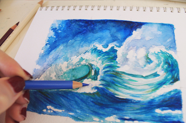 color pencil crashing waves wip