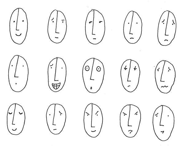 Test out different emotions on a page of blank faces