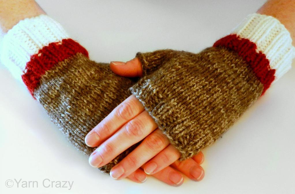 Knitted sock monkey fingerless mittens