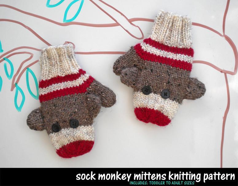 Knitted sock monkey mittens