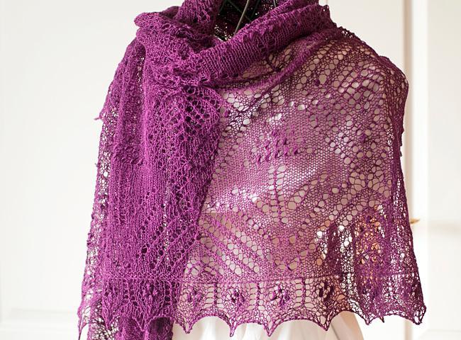 Purple Rectangle Lace Shawl on a Dressform