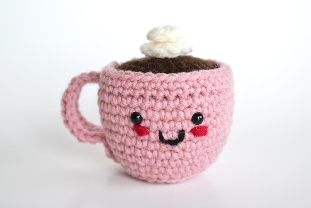 Crochet amigurumi coffee cup pincushion