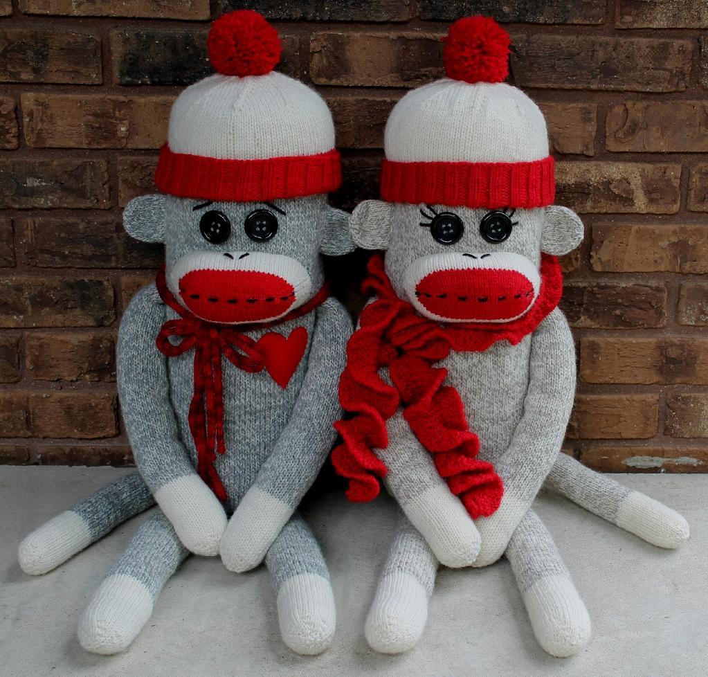 Knitted sock monkey pillow