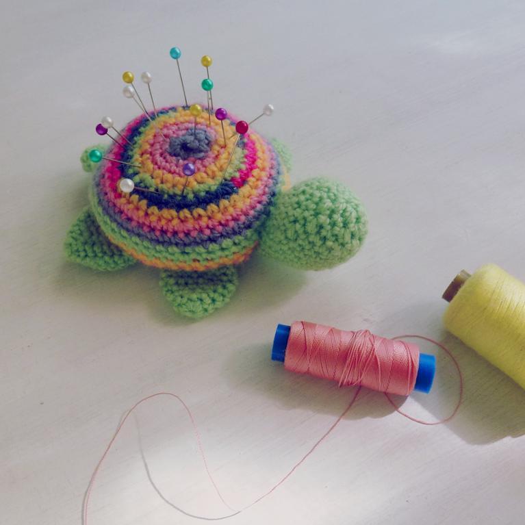 Crochet turtle amigurumi pincushion