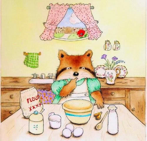 Raccoon baking a cake, rendered in pen and ink and watercolor