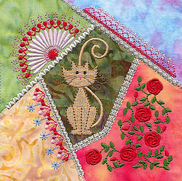 Crazy quilt cat block by Molly Mine