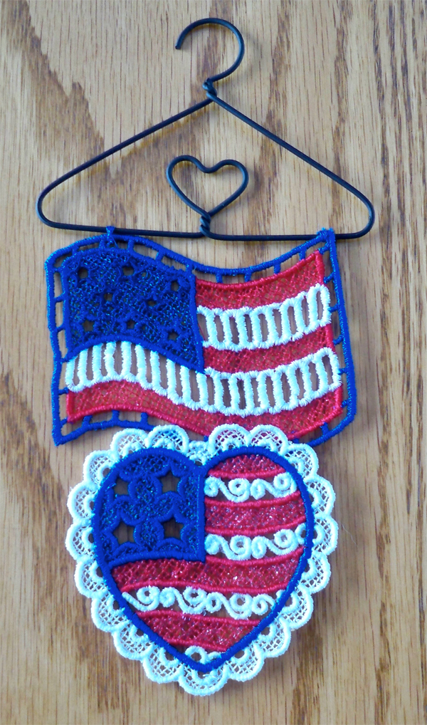 Patriotic flag and heart freestanding lace hanger by Debbie Henry