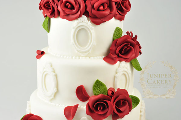 White Cake With Red Roses and Piped Pearl Borders