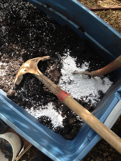 Mixing potting soil in a bucket