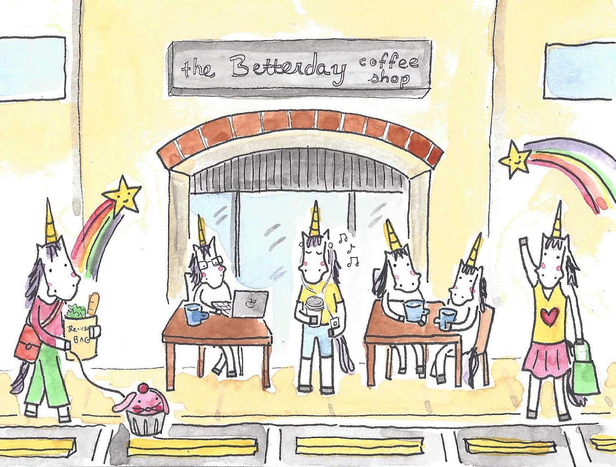 Unicorns at a coffee shop illustration