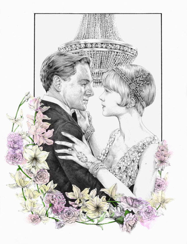 Great Gatsby drawing surrounded by floral desing