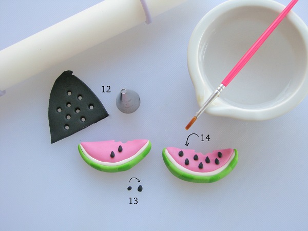 Watermelon fondant -- adding adorable seeds