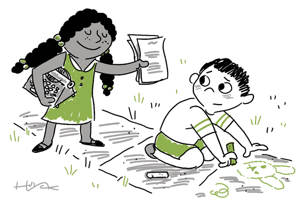 A girl brings her manuscript to her pal for illustrations.