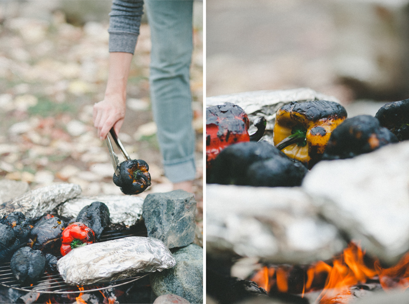 Cooking peppers over the campfire