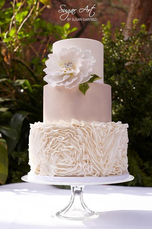 Ruffled Pink Flower Wedding Cake