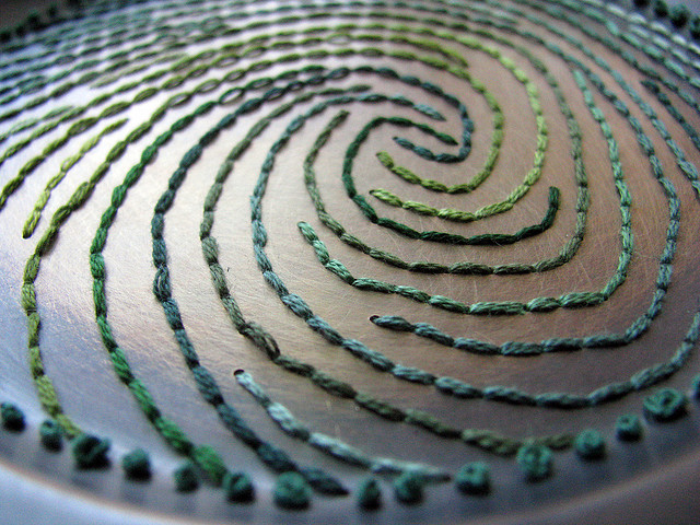 Embroidered thumb print into metal ash tray