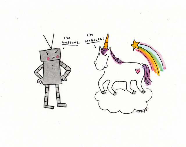 Robot and unicorn converse
