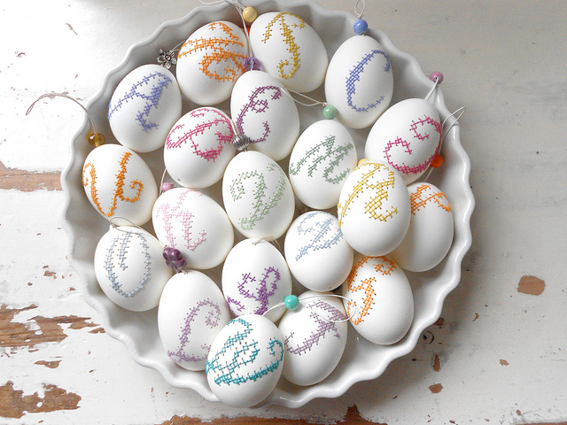 embroidered alphabet into egg shells