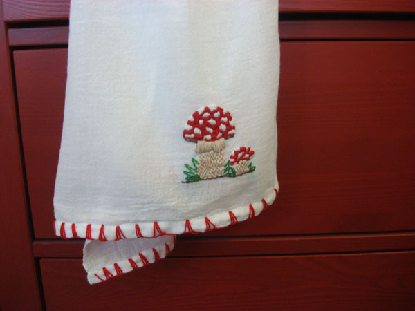 embroidered mushroom tea towel