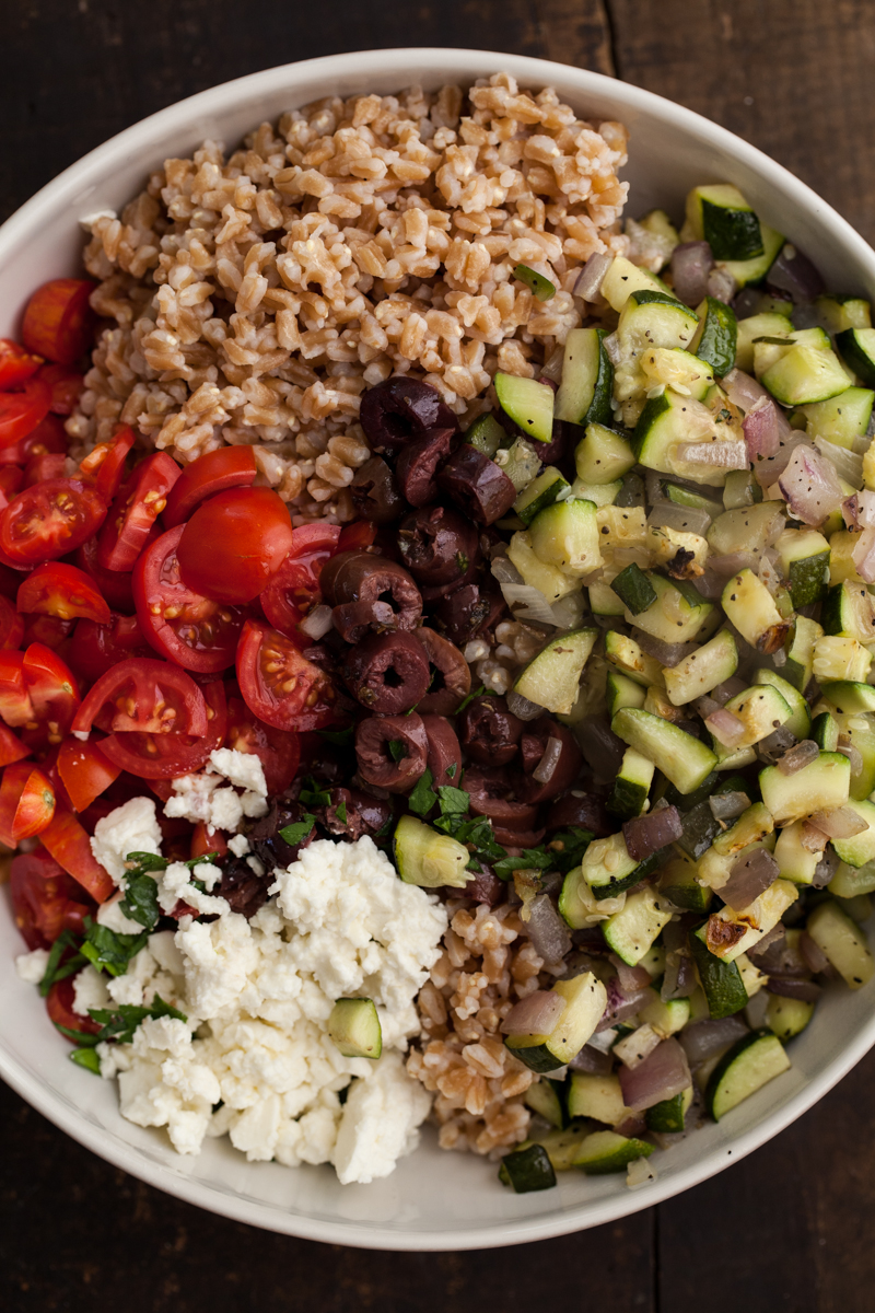 Mix of roasted veggies, farro and cheese for a pilaf on Craftsy!