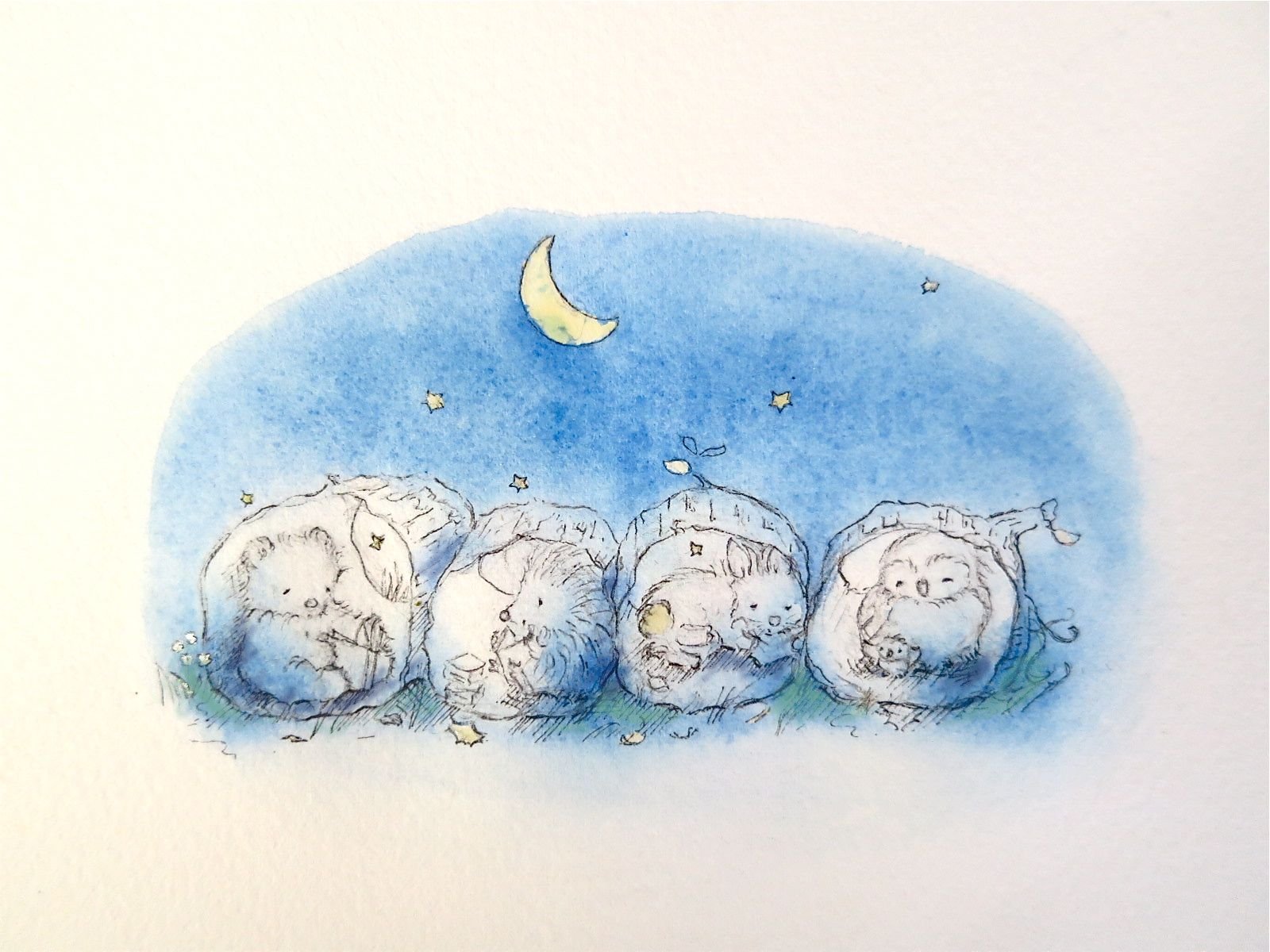 Painted illustration of sleeping baby animals