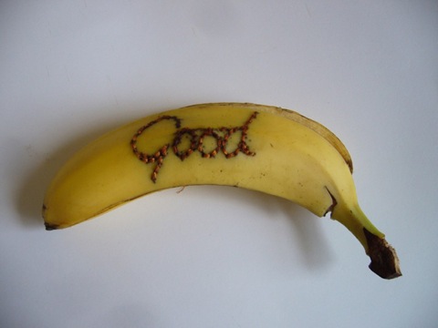 Embroidered banana peel with the word 'good' in embroidery