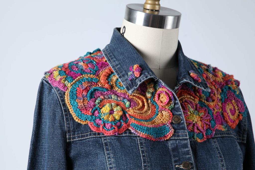 denim shirt with freeform crochet