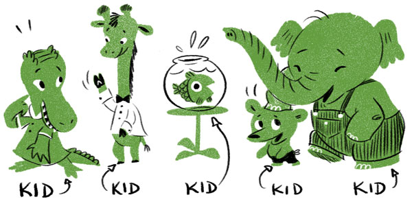 A line-up of anthropomorphized animal-kids