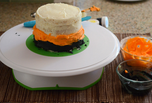 Black and Orange Striped Cake, coming together