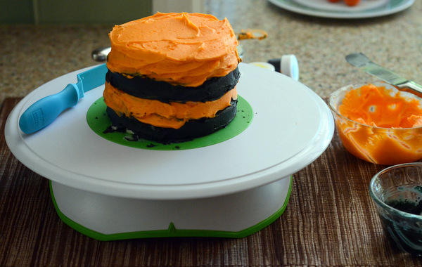 Black and Orange Striped Cake, ready for finishing touches! 