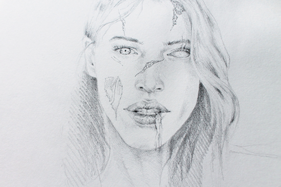 zombify pencil portrait with blank stare