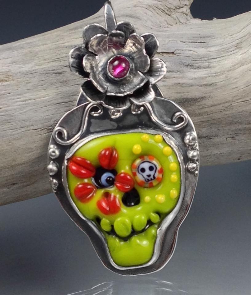 Handmade sugar skull pendant by Kristi Brokaw