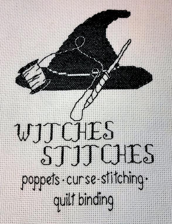 black cross stitch of witches has, needle and thread and the text Witches Stitches