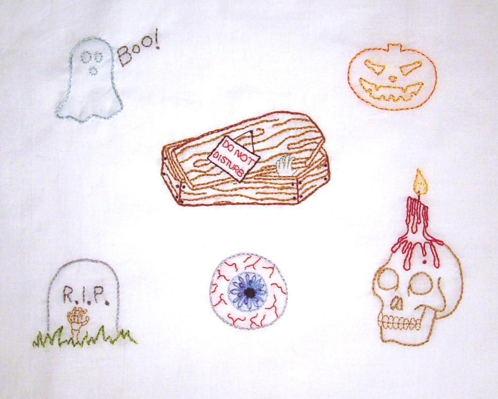 hand embroidery pattern of halloween themed items such as a pumpkin, skull, coffin and ghost