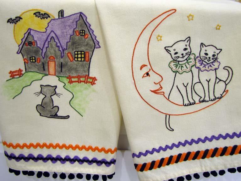 hand embroidery halloween patterns featuring black cats on a moon