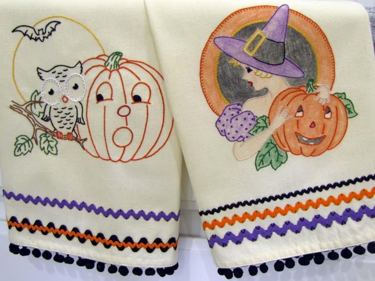 hand embroidery halloween paterns featuring pumpkins and an owl