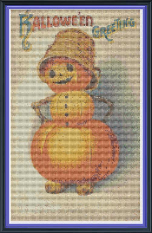 cross stitch pattern of vintage style pumpkin man 