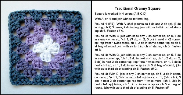 Traditional crochet granny square pattern and sample