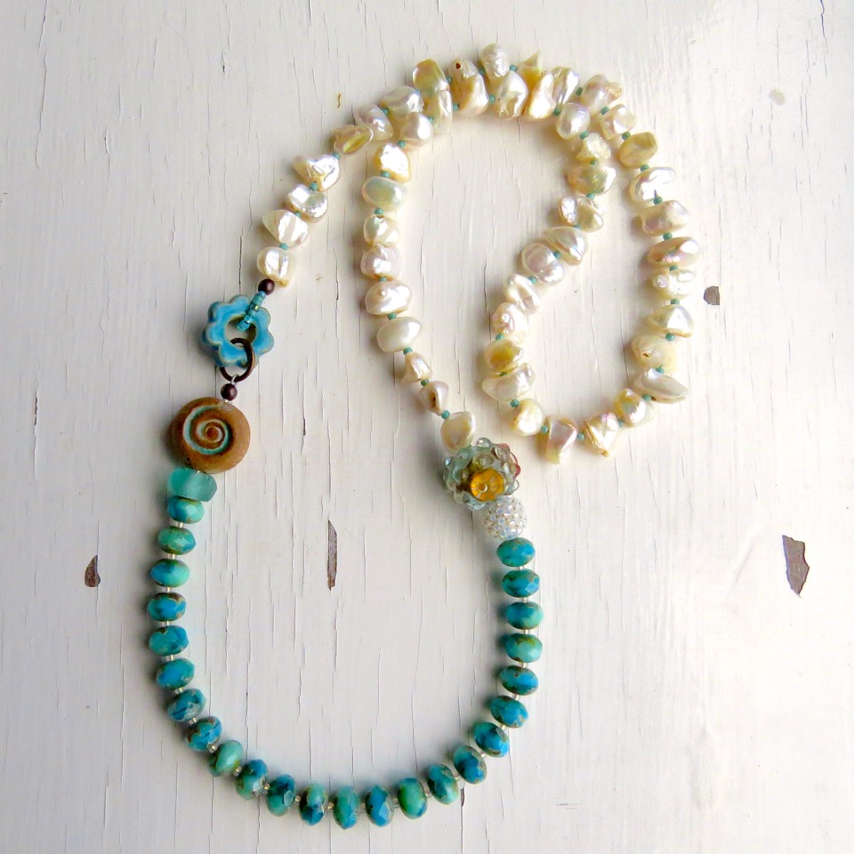 Pearl, glass and handmade bead necklace